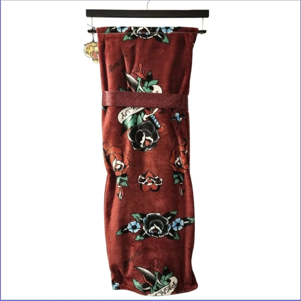 Ed Hardy Burgandy Peace + Joy Rose Super Soft Plush Blanket Throw, NWT
